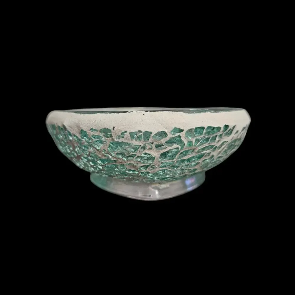 Vintage Green Crackle Mosaic Art Glass Oval Console Bowl Centerpiece
